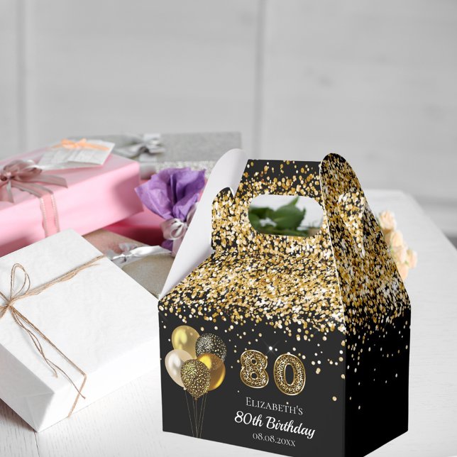 80th birthday black gold glitter leopard thank you favor box (Creator Uploaded)