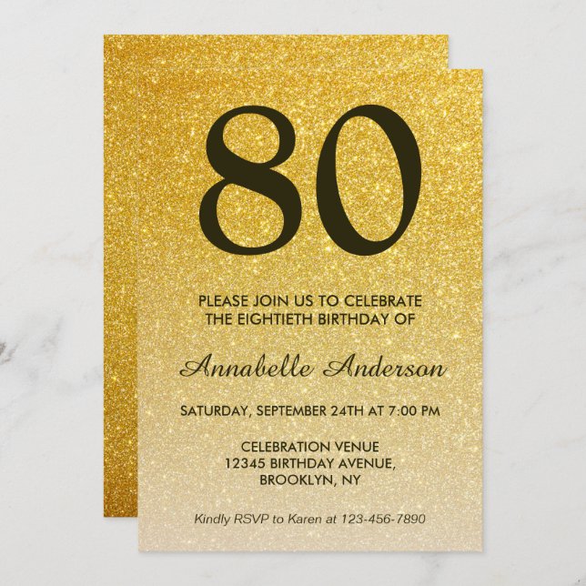 80th Birthday Black Gold Glitter Sparkle Ombre Invitation (Front/Back)