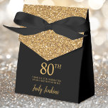 80th Birthday Black Gold Glitter Thank You Favor Box<br><div class="desc">This fabulous modern 80th Birthday Black Gold Glitter Thank You favour box with sparkling gold glitter, the birthday girl's name in a trendy script font, and tied with an elegant black bow would be perfect for your event. It would be great for a candy station, on a thank you gift...</div>
