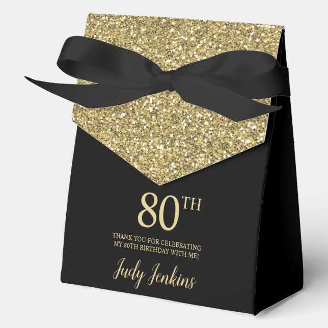 80th Birthday Black Gold Glitter Thank You Favor Box (Front)