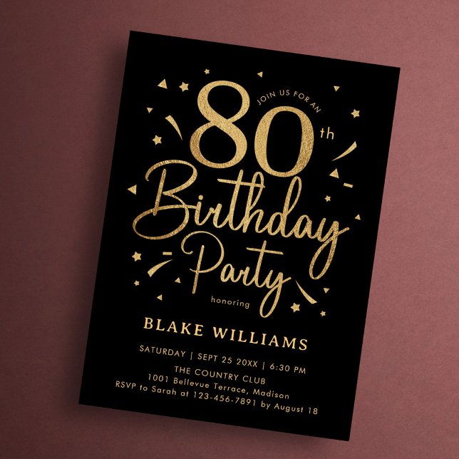 80th Birthday Black Gold Invitation (Creator Uploaded)