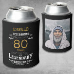 80th Birthday Black Gold  Legendary Photo Can Cooler<br><div class="desc">A personalized elegant can cooler that is easy to customize for that special birthday party occasion. Add your favourite photo for a unique touch.</div>