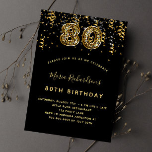 80th birthday black gold leopard pattern confetti invitation