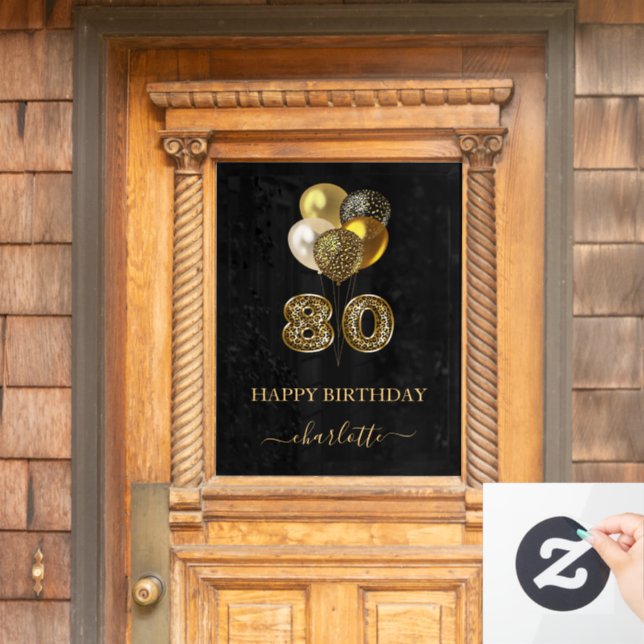 80th birthday black gold leopard print balloons window cling (Home Door)