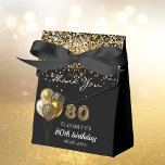 80th birthday black gold leopard thank you favor box<br><div class="desc">A black background,  decorated with balloons and faux gold confetti. Number 80 is written with a trendy balloon style font,  leopard pattern.  Personalize and add a name and a date. 80th birthday and Thank You written with a modern hand lettered style script.</div>