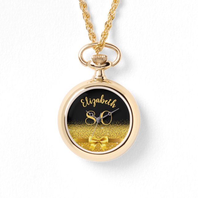 80th birthday black gold name elegant bow watch (Front)