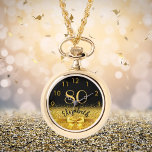 80th birthday black gold name elegant bow watch<br><div class="desc">Elegant, classic, glamourous and feminine. A faux gold coloured bow and ribbon with golden glitter and sparkle, a bit of bling and luxury for a birthday gift or keepsake. Black background. Templates for her name, and the age 80. The name is written with a modern hand lettered style script. Golden...</div>