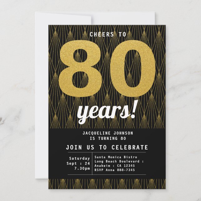 80th Birthday Black Gold Party Invitation (Front)