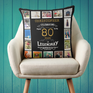 80th Birthday Black Gold Photo Collage Throw Pillow