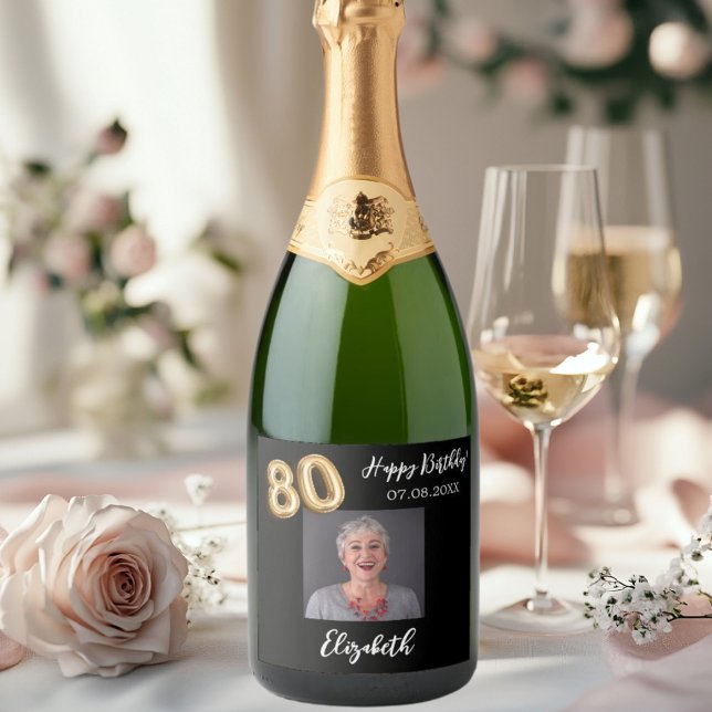 80th Birthday black gold photo Sparkling Wine Label (Creator Uploaded)