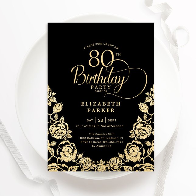 80th Birthday Black Gold Roses Invitation (Creator Uploaded)