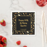 80th Birthday Black Gold Stars Brush Script Custom Napkin<br><div class="desc">Modern black and gold stars design napkins personalized with your custom birthday message in an editable modern handwritten brush script font. CHANGES: You can change the black background colour or text font style, colour, size or placement by clicking CUSTOMIZE FURTHER to modify for any age birthday or other occasion. Contact...</div>