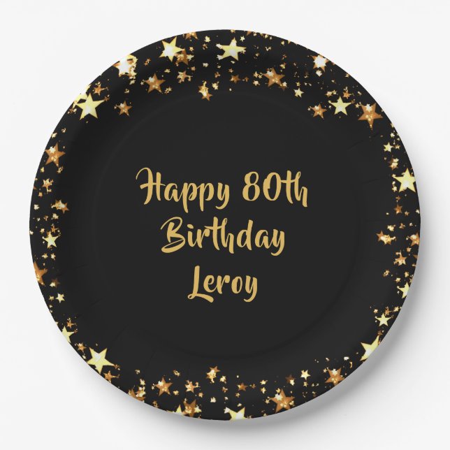 80th Birthday Black Gold Stars Name Paper Plate (Front)