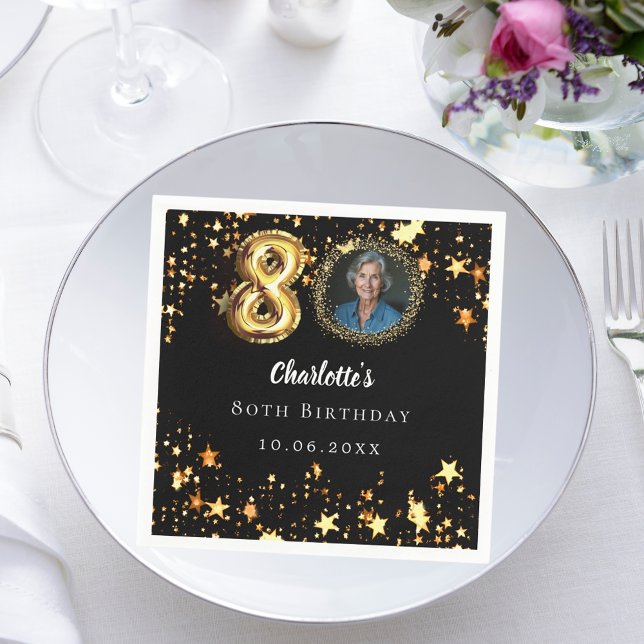 80th birthday black gold stars photo napkin (Creator Uploaded)