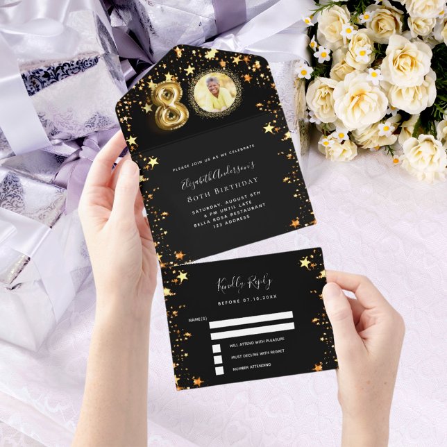 80th birthday black gold stars photo rsvp all in one invitation (Creator Uploaded)