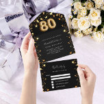 80th birthday black gold stars rsvp all in one invitation<br><div class="desc">A black background,  decorated with golden stars and a large number 80 in faux gold.  Personalize and add a name,  party details,  RSVP date,  return address and name.</div>