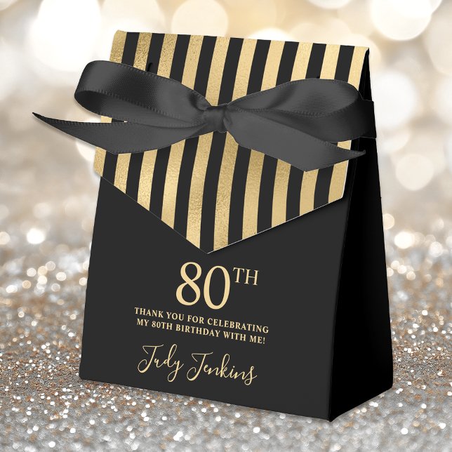 80th Birthday Black Gold Striped Thank You Favor Box (Creator Uploaded)
