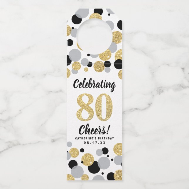 80th Birthday Black Grey Gold Glitter Confetti Bottle Tag (Front)