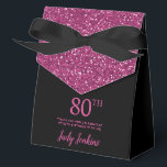 80th Birthday Black Hot Pink Glitter Thank You Favor Box<br><div class="desc">This fabulous modern 80th Birthday Black Hot Pink Glitter Thank You favour box with sparkling hot pink glitter, the birthday girl's name in a trendy script font, and tied with an elegant black bow would be perfect for your event. It would be great for a candy station, on a thank...</div>