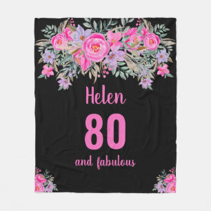 80th birthday black pink floral fleece blanket