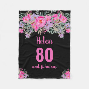 80th birthday black pink floral fleece blanket