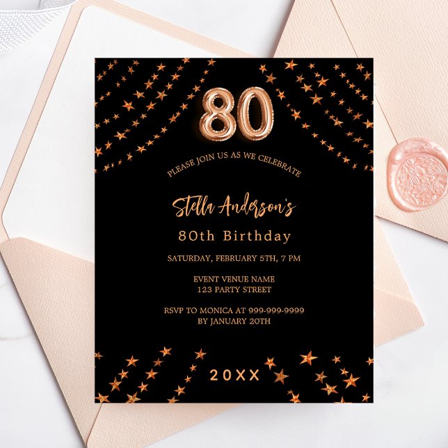 80th birthday black rose gold budget invitation (Creator Uploaded)