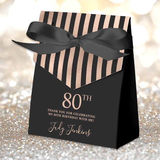 80th Birthday Black Rose Gold Striped Thank You Favor Box (Creator Uploaded)