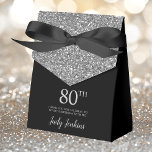 80th Birthday Black Silver Glitter Thank You Favor Box<br><div class="desc">This fabulous modern 80th Birthday Black Silver Glitter Thank You favour box with sparkling silver glitter, the birthday girl's name in a trendy script font, and tied with an elegant black bow would be perfect for your event. It would be great for a candy station, on a thank you gift...</div>