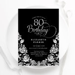 80th Birthday Black Silver Roses Invitation<br><div class="desc">Black silver elegant 80th birthday party invitation. Classy design featuring roses,  faux silver foil and typography script font. Trendy invite card perfect for a stylish female bday celebration. Personalize with your own details. Can be customized to any age. Printed Zazzle invitations or instant download digital printable template.</div>