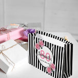 80th birthday black stripes pink roses name large gift bag<br><div class="desc">Classic slim black and white vertical stripes as background. With girly, feminine and romantic pink roses as decoration. Perfect for an elegant 80th birthday party for her. A white and black frame with templates for name, age and a date. Age number 80 in pink, name and date in black. The...</div>