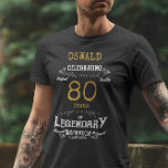 80th Birthday Black White Gold Mens T-Shirt<br><div class="desc">Celebrate your loved one's 80th birthday with style! Our custom black and gold t-shirt will be the perfect addition to their special day. Featuring a vintage style print, this soft and comfortable t-shirt is sure to make them feel special as they commemorate this milestone. Whether your special someone is a...</div>