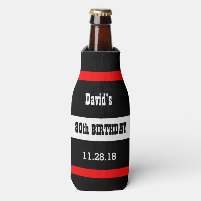 80th Birthday Black with Red Frame Custom A08A Bottle Cooler (Bottle Front)