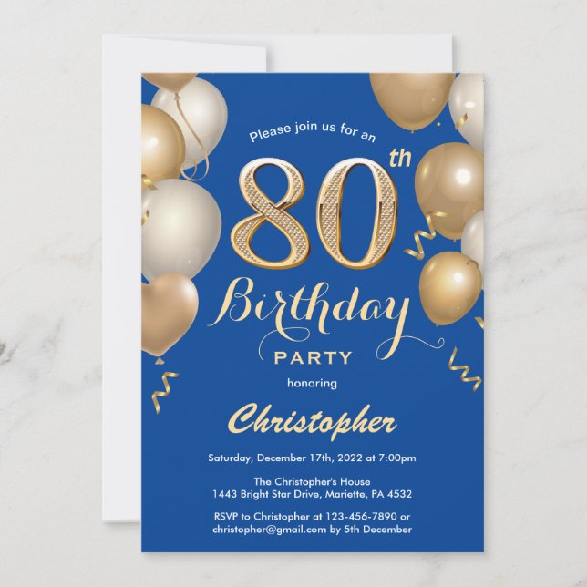 80th Birthday Blue and Gold Balloons Confetti Invitation (Front)