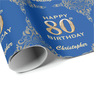 80th Birthday Blue and Gold Glitter Frame Wrapping Paper
