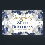 80th Birthday Blue Balloons Party Welcome Banner<br><div class="desc">A gorgeous navy and silver balloon 80th birthday party banner. This fabulous design is the perfect way to congratulate someone on their eightieth birthday (or any age!). Personalize with our own custom name. Blue and gold coloured typography and gorgeous navy blue and silver balloons.</div>