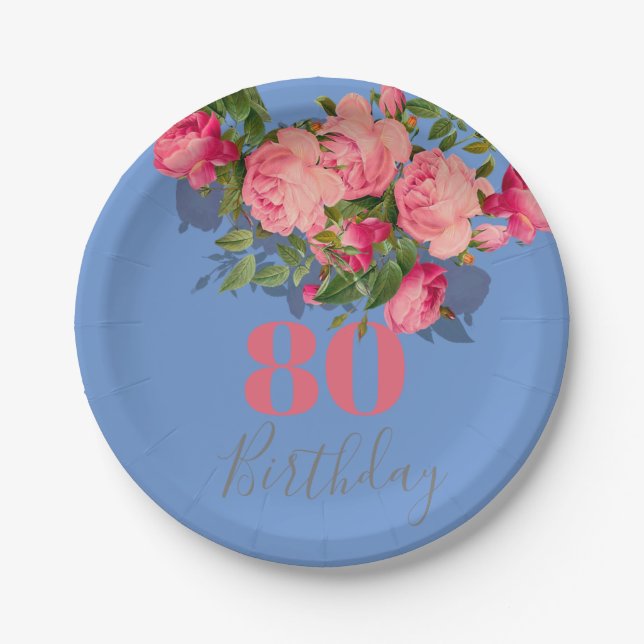 80th Birthday Blue Elegant Pink Rose  Eightieth Paper Plate (Front)