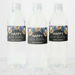 80th Birthday Blue Gold Balloons Water Bottle Label