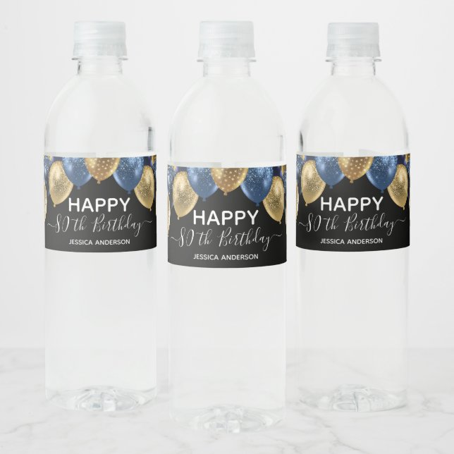80th Birthday Blue Gold Balloons Water Bottle Label (Bottles)