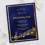 80th birthday blue gold music notes invitation postcard<br><div class="desc">On front: A trendy, modern 80th birthday party invitation card for men. A dark blue, navy blue background. The blue colour is uneven. With a faux gold frame and music notes, golden coloured letters. Templates for your party information. Back: white background. Tip: If you don't want it to look like...</div>
