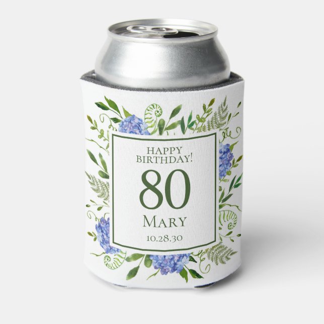 80th Birthday Blue Hydrangeas Can Cooler (Can Back)
