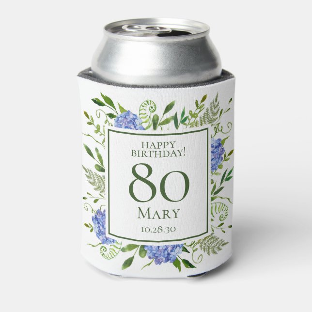 80th Birthday Blue Hydrangeas Can Cooler (Can Back)