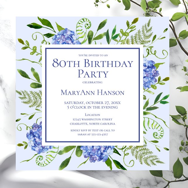 80th Birthday Blue Hydrangeas Floral Watercolor Invitation (Creator Uploaded)