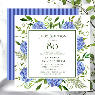 80th Birthday Blue Hydrangeas Floral Watercolor Invitation