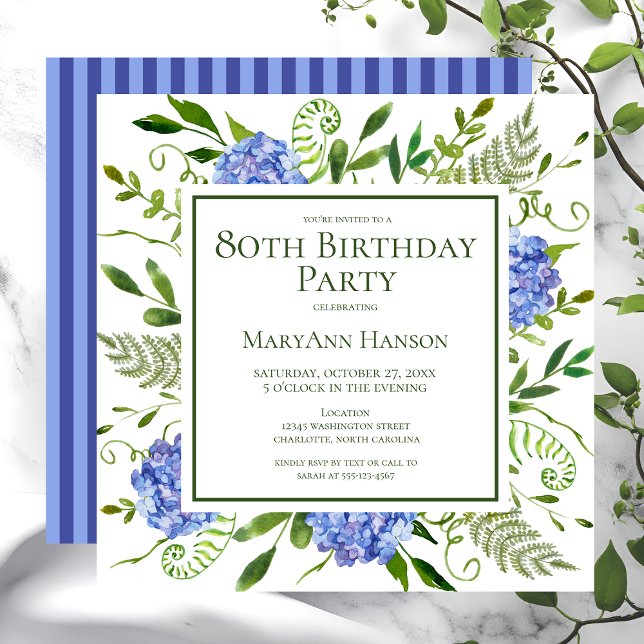 80th Birthday Blue Hydrangeas Floral Watercolor Invitation (Creator Uploaded)