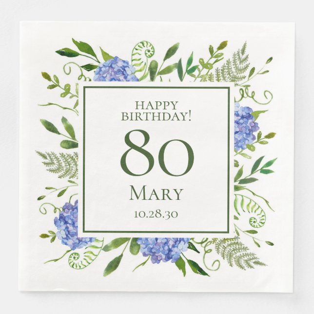 80th Birthday Blue Hydrangeas Napkin (Front)
