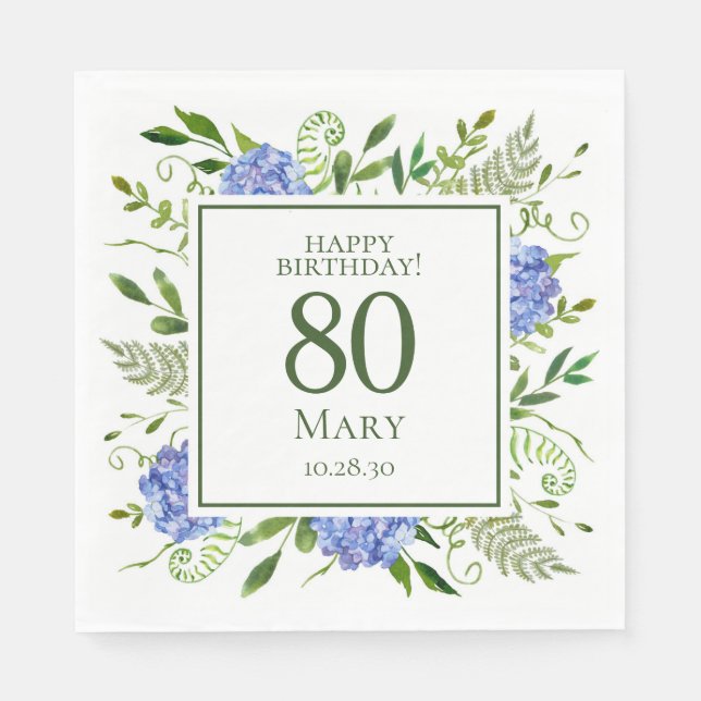 80th Birthday Blue Hydrangeas Napkin (Front)