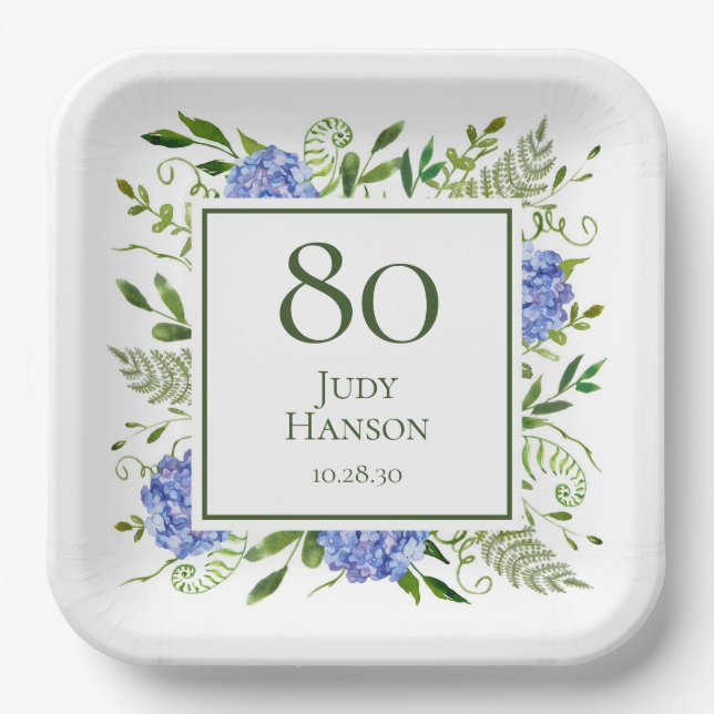 80th Birthday Blue Hydrangeas Paper Plate (Front)