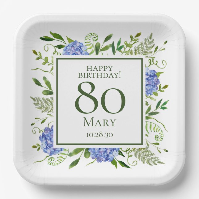 80th Birthday Blue Hydrangeas Paper Plate (Front)