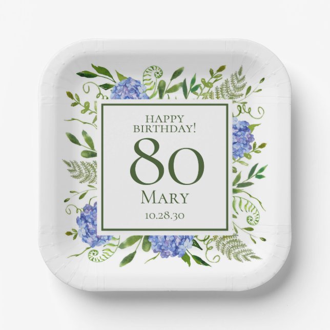 80th Birthday Blue Hydrangeas Paper Plate (Front)