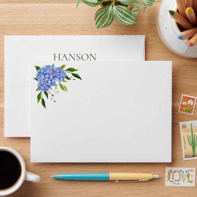 80th Birthday Blue Hydrangeas Return Address Envelope (Desk)